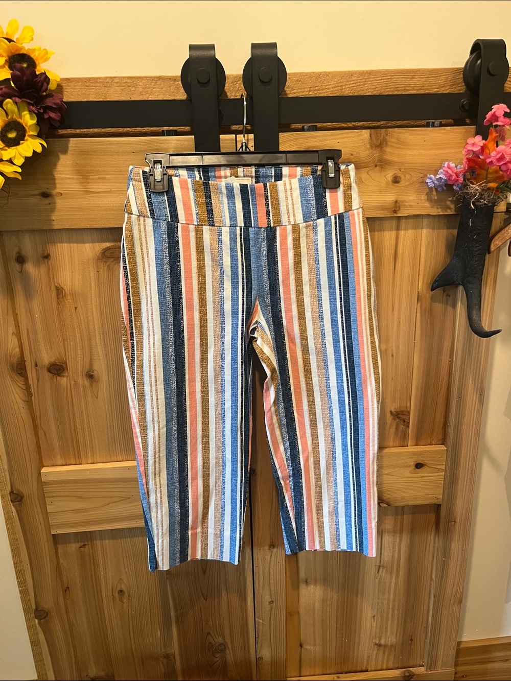Zac & Rachel Multicolor Vertical Stripe Capris — Blue, Coral, Cream, Brown